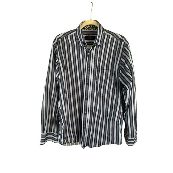 Bugatchi Uomo Mens Striped Long Sleeve Button-Up Shirt M Cotton Navy  Nautical - Picture 2 of 10